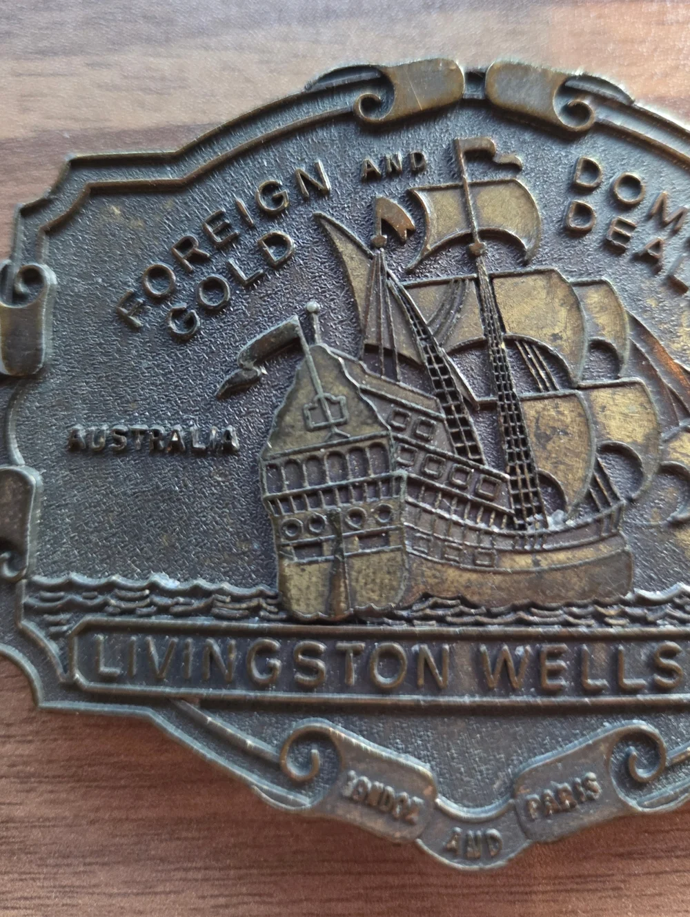 Vtg Livingston Wells & Co Gold Domestic Dealers Pirate Ship Belt Buckle London